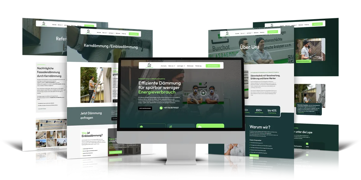 Die neue Burchot-Website auf iMac und vier Unterseiten
